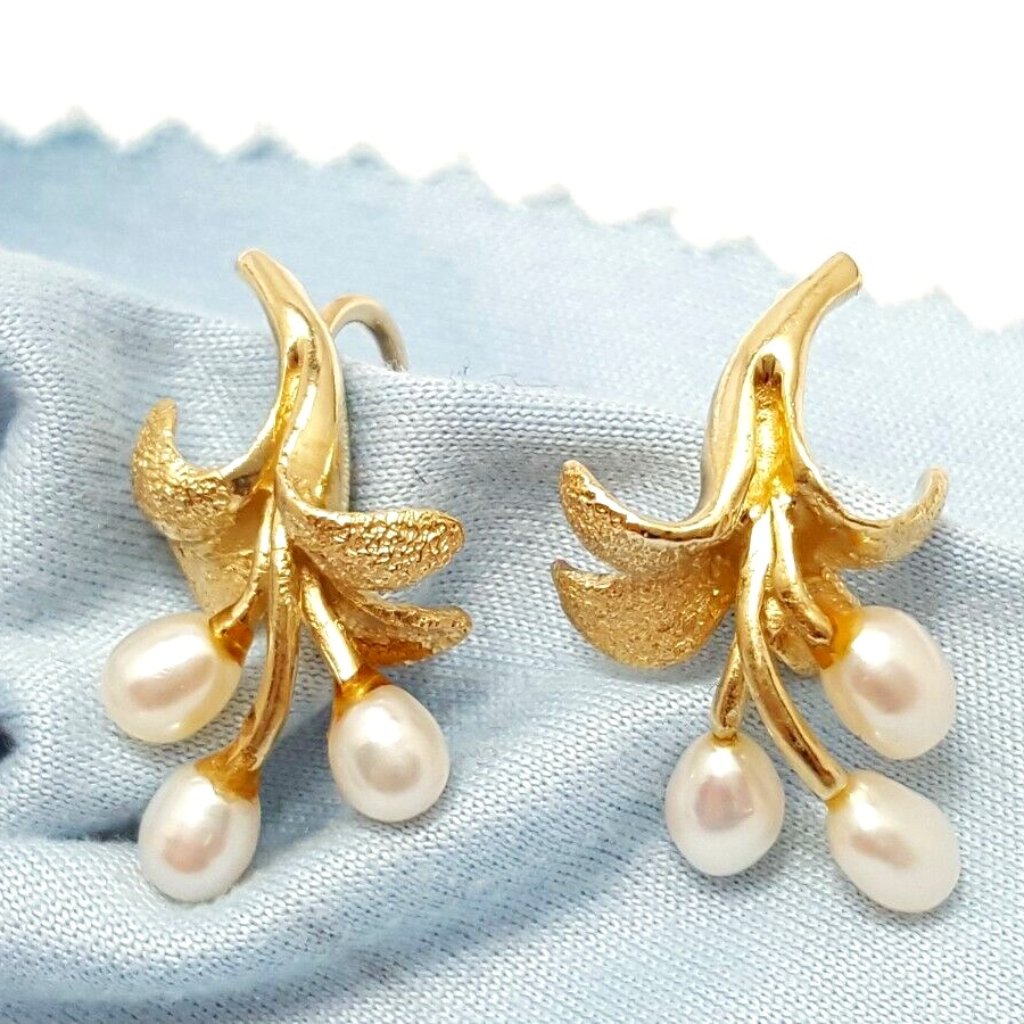 Unique 14k Yellow Gold Designer Hinged Screw Back NonPierced Pearl Earrings